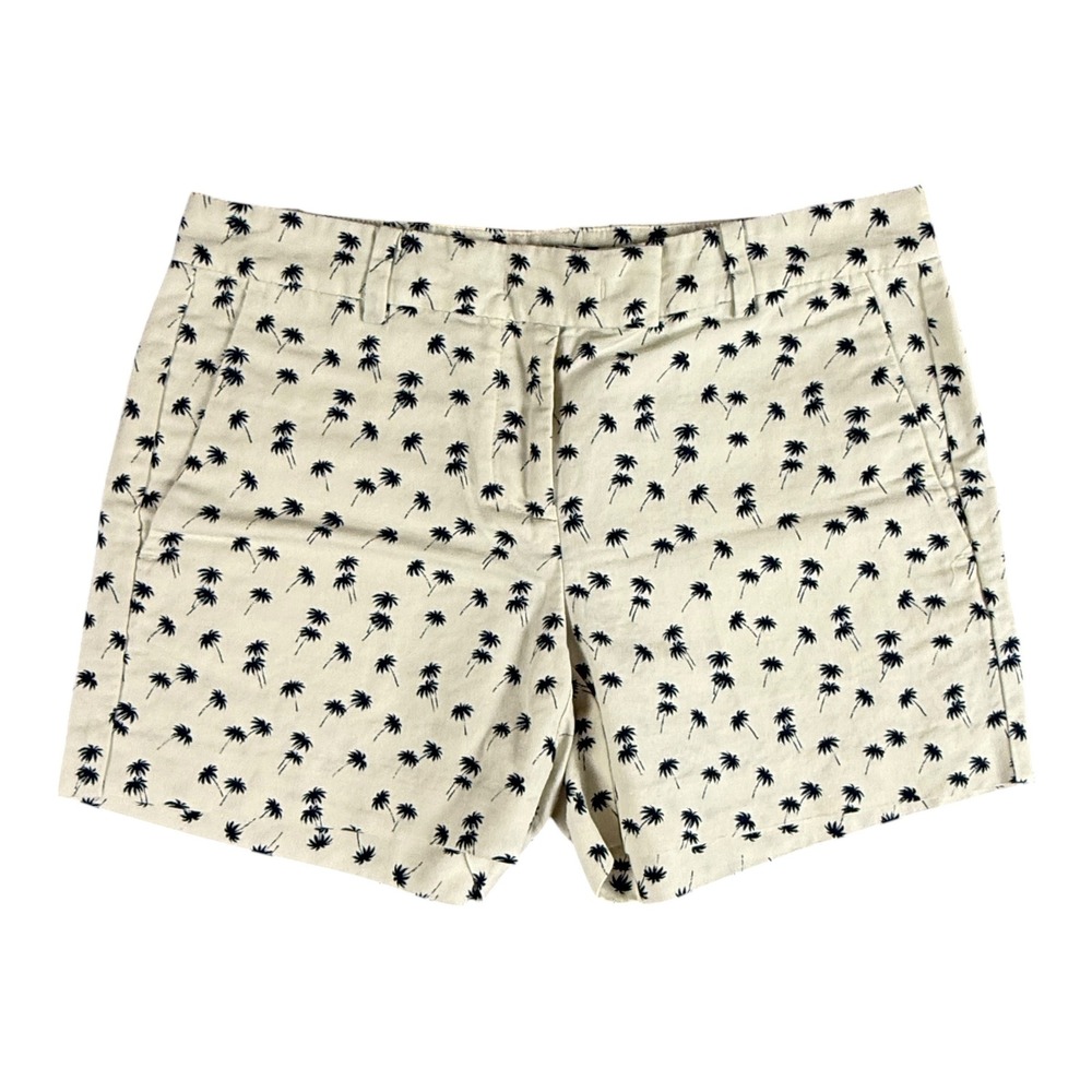 Ann Taylor Devin City Shorts Womens 0 Ivory Navy Blue Palm Tree Linen Blend
